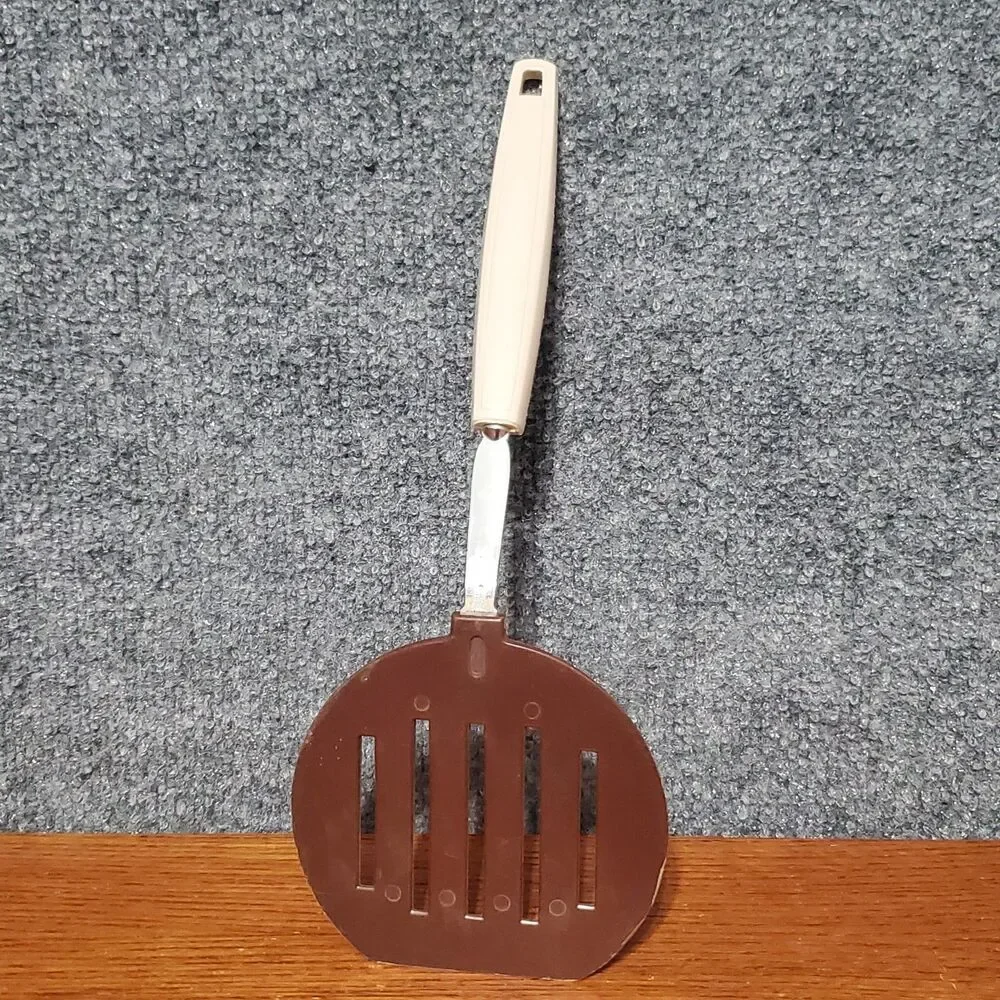 Vintage Ekco Spatula Brown And Tan Slotted Vegetable Logo Kitchen Utensil USA
